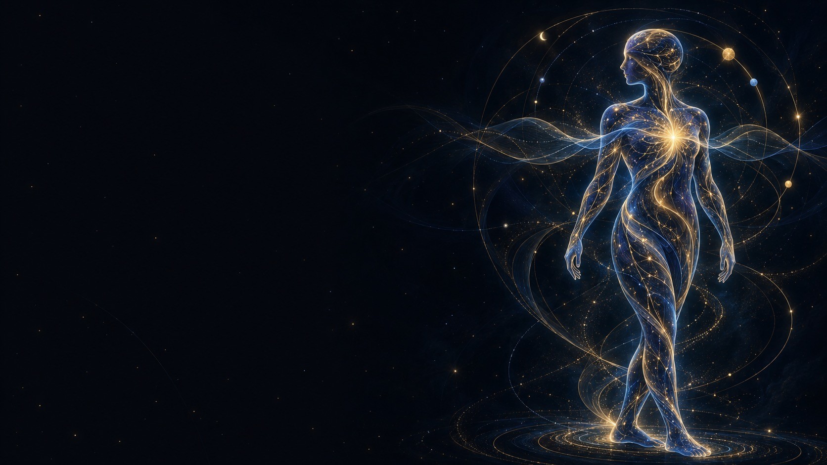 A luminous walking figure, threaded with gold, circled by orbits and slow waves