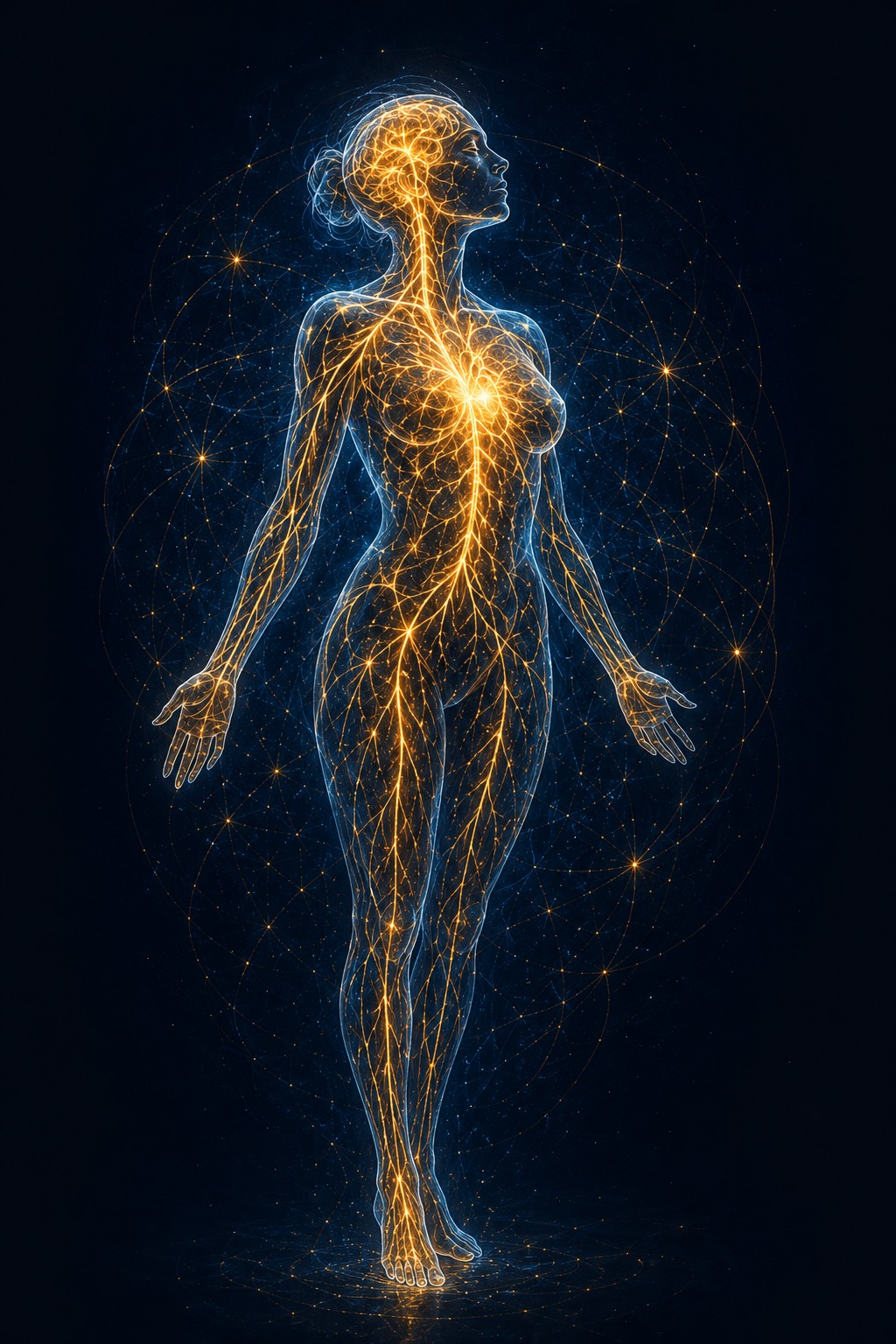 Fully illuminated figure walking forward