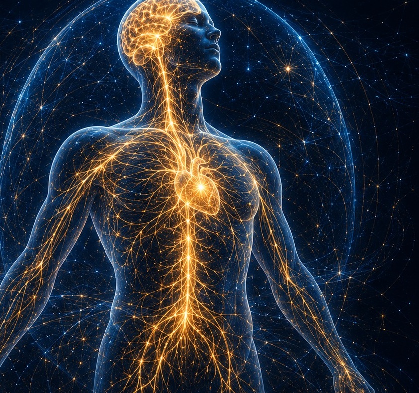 Translucent human figure with illuminated nervous system