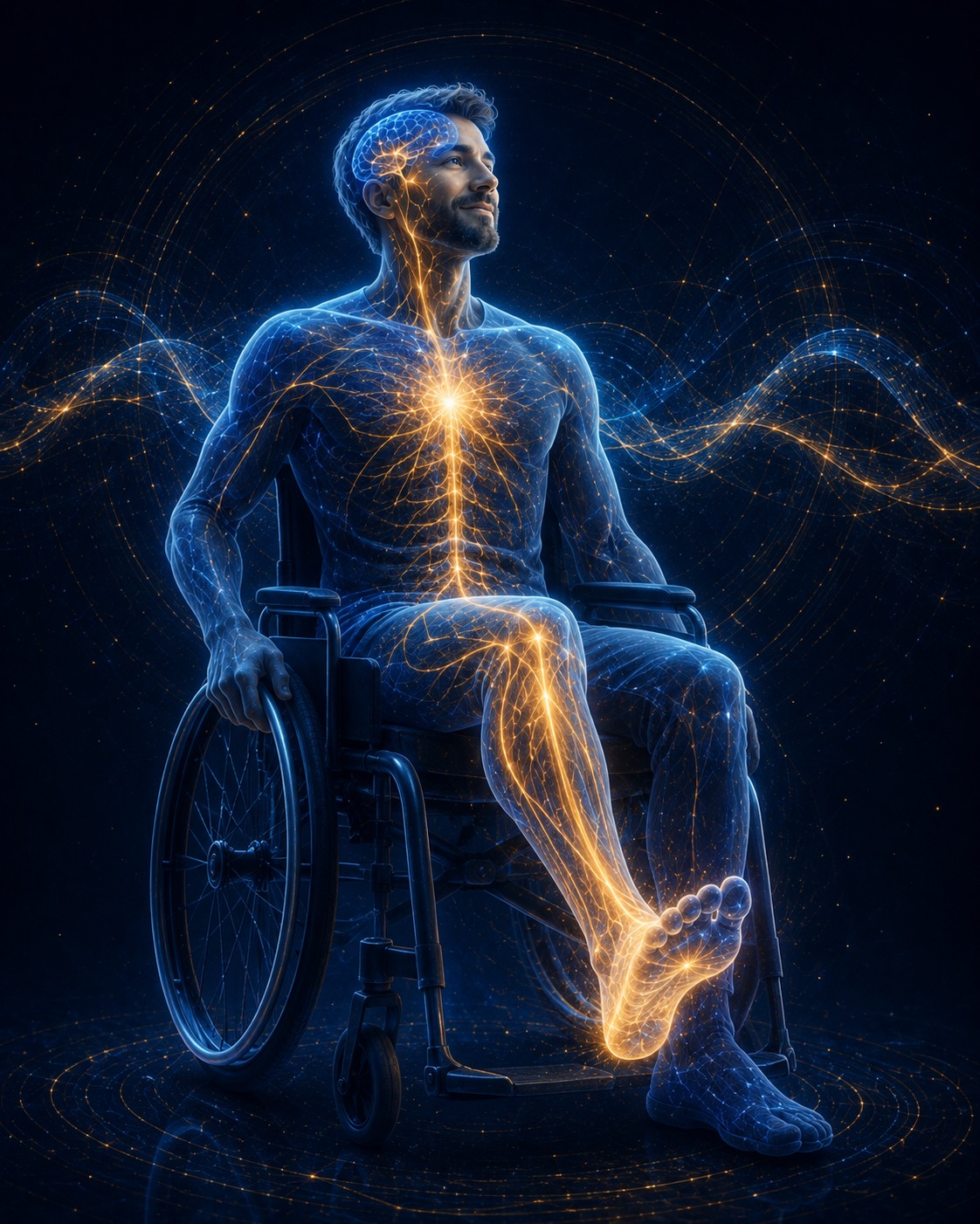 Seated figure with the signal running down the leg to the foot and toes